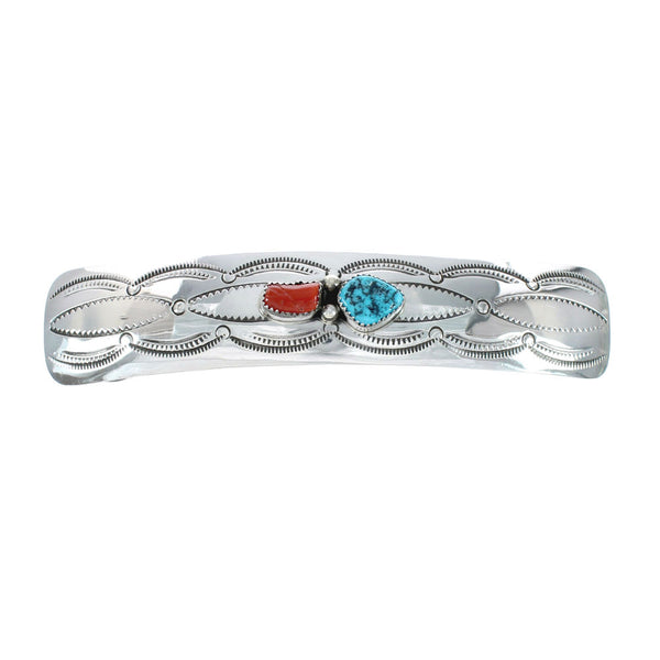 Native American Navajo Turquoise Coral Sterling Silver Hair Barrette JX131019